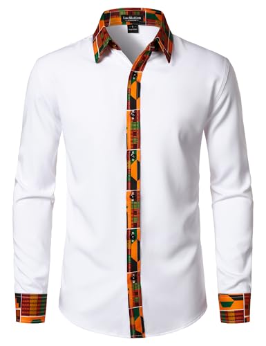 LucMatton Men's Kente Print Long-Sleeve Button-Down Dress Shirt African Attire Tribal Graphic Dashiki Shirts White Large