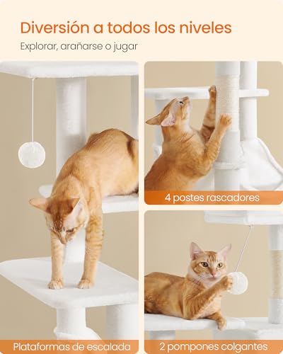 Miniatura 6 de Feandrea Árbol Para Gatos, Altura 143 Cm, Torre De Gatos, Con 4 Postes Rascadores, 2 Plataformas, 1 Cueva, 1 Hamaca, 2 Pompones, Tela De Felpa, Multinivel, Blanco Crema Pct161t01