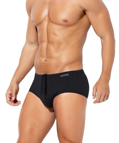 Casey Kevin Men's Solid Swim Briefs Elastic Drawstring Board Surf Swimsuits Quick Drying Bikini Bottom Swimwear,Black-XL
