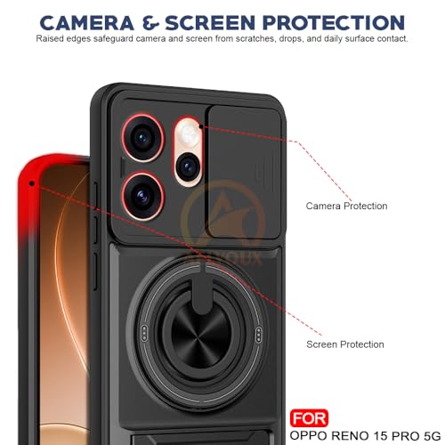 Image of Oppo Reno 15 Pro 5G Back Cover | Armor Camera Slider 360 Degree Rotating Finger Ring Holder Case with Bracket Stand Back Case Cover (Compatible with MagSafe Accessories) (Black)