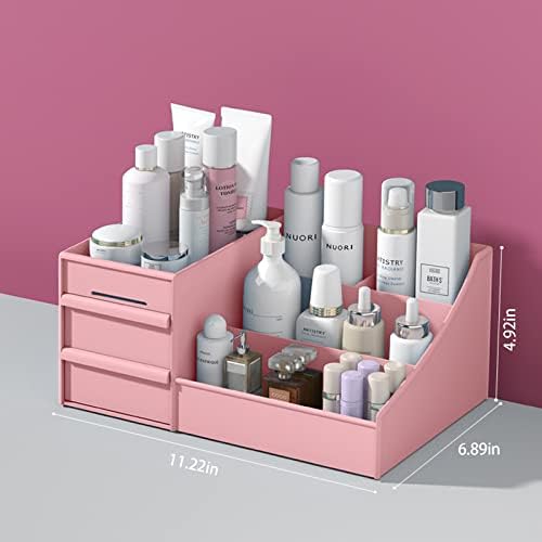 Amazon Brand  Umi Makeup Organizer With Drawers - Countertop Organizer for Cosmetics, Vanity Holder for Lipstick, Brushes, Lotions, Eyeshadow, Nail Polish and Jewelry (Pink)