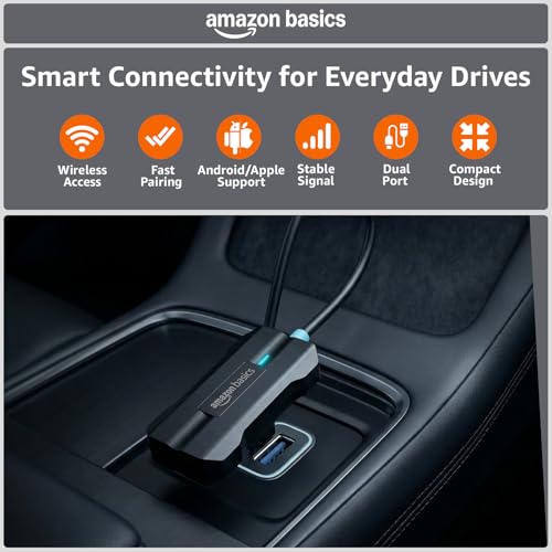 Image of Amazon Basics Car Play with Extension & Type C Converter | Converts Wired Auto Android & CarPlay to Wireless | Bluetooth Connectivity | Only for Cars with OEM Installed | Black