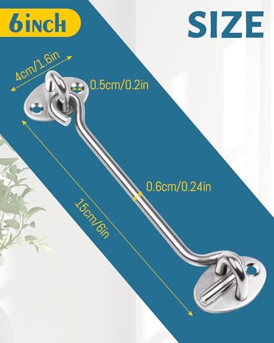 Leryati 6 Inch Hook and Eye Latch, 2Pcs 150mm Silver Gate Hook Stainless Steel Cabin Hooks, Eye Latch Door Lock Hooks Lock - Image 3