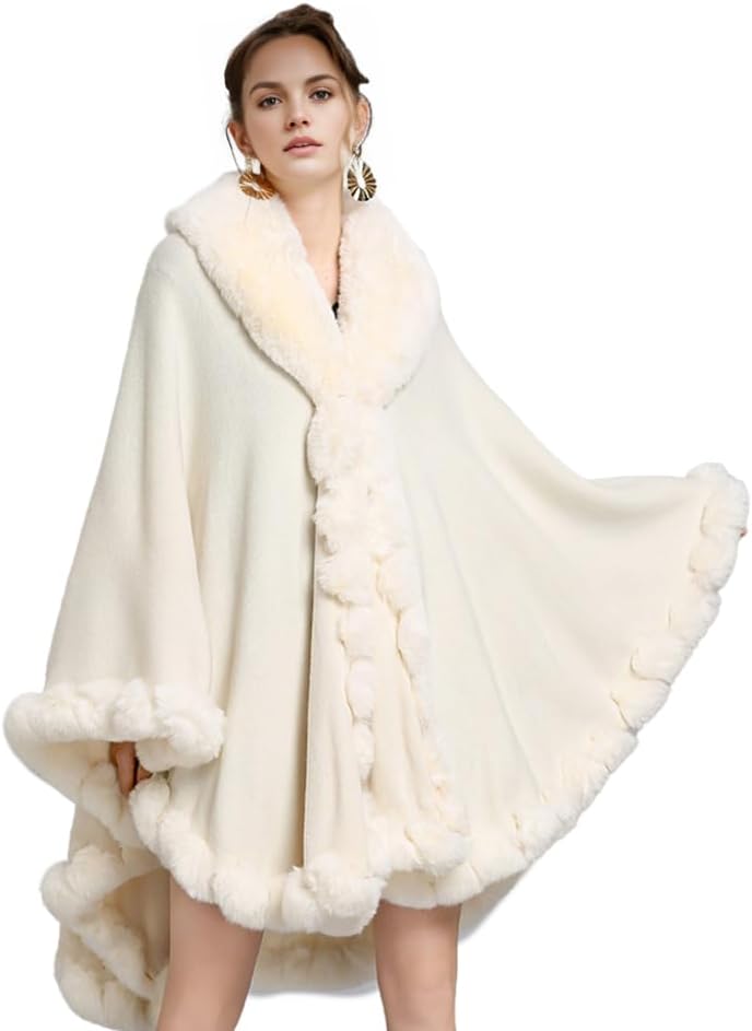 Women Fur Collar Cape Thick Cardigan Coats Fall Winter Faux Fur Shawl Cloak for Dress Evening Party - Image 4