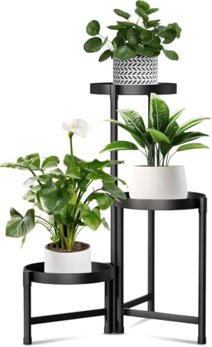 Image of 3-Tier Foldable Metal Plant Stand for Indoor & Outdoor | Heavy Duty Iron Flower Pot Stand | Corner Plant Holder Rack | Powder Coated Finish | Balcony, Living Room, Patio & Garden | (Black 3 Plate)