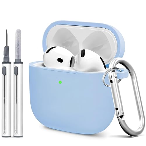 Woyinger for Airpods 4th Case Cover, Come with Cleaner Kit,Soft Skin Silicone Case Cover with Keychain, Full Protective Case for Men and Women, Compatible with AirPods 4th Generation Case,Sky Blue