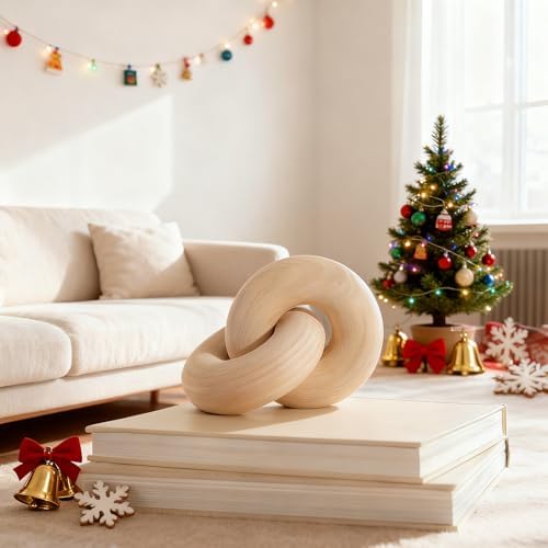 2-Link Wood Chain, Hand Carved Coffee Table Decoration, Boho Deco...