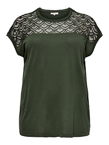 ONLY CARMAKOMA Damen Long T-Shirt Große Größen | Spitzen Details Kurzarm Top | Curvy Plus Size Übergröße, Farben:Khaki, Größe:46-48 Cover