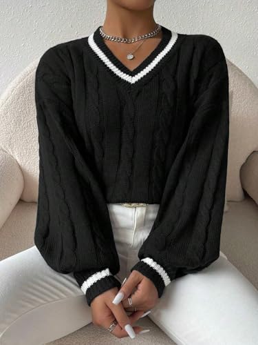 Image of ZAFUL Women's Cropped Sweater V-Neck Long Sleeve Pullover Jumper Knit Top | Crop Length, Ribbed Knit, Double V design, White sweater, Raglan sleeves, lantern sleeve, Fall & Winter, Loose fit, Oversized