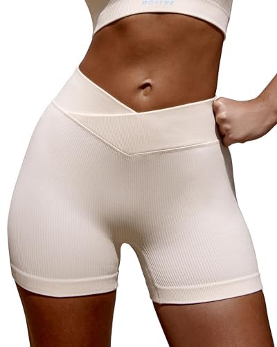 Gym Shorts for Women - Bo+Tee High Waist FlexiRib Mini Booty Shorts with Micro Rib Wide Crossover Waistband - 4-Way Stretch, Squat-Proof, & Rear Enhancing Yoga Shorts - Kickstart, Ivory, XL