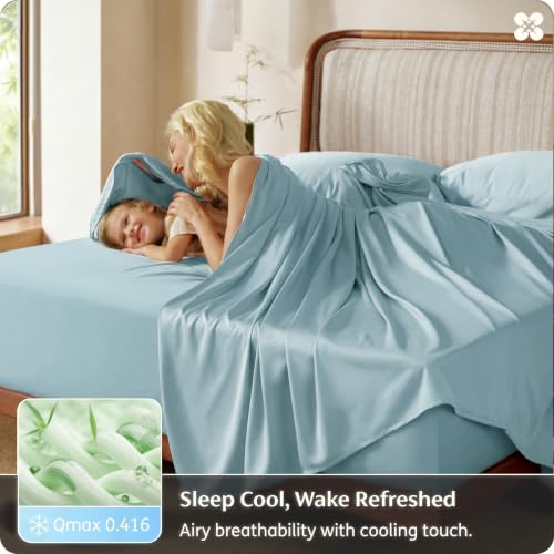 Image of Bedsure 100% Organically Grown Bamboo Viscose King Size Sheets Set | Cooling Bedsheets for Hot Sleepers | Luxury Silky Soft PureWoven | 18 inch Deep Pocket with Corner Straps | Oeko-Tex [Light Blue]