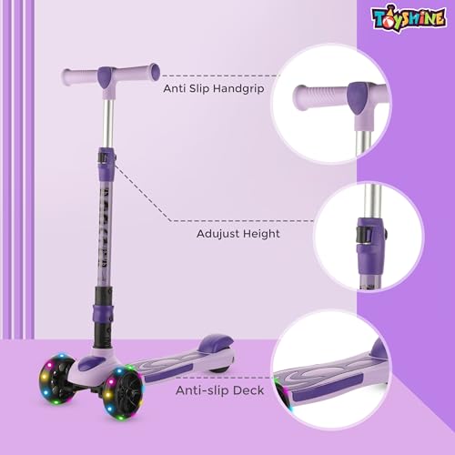 Image of Toyshine 3 Wheel Rooster LED Wheels Runner Scooter with Anti Slip ABS Base Aluminium Structure Height Adjustable Handlebar Max Load 45kg for Kids Boys Girls - Purple