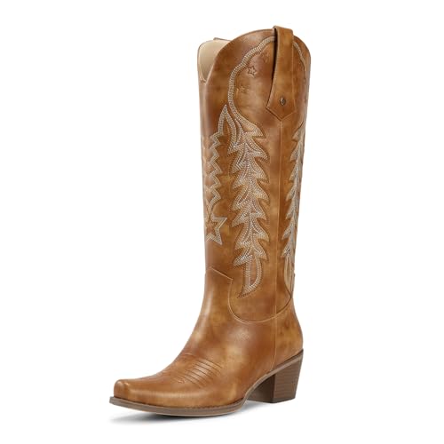 Image of wetkiss Cowboy Boots Womens Knee High Cowgirl Boots Embroidered Pointed Toe | Cowgirl Boots, Retro Embroidery, Block Heel, Stable and Comfortable, Pull-On, Style for a Classic Vintage Western Look