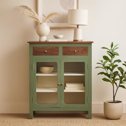 Image of Solid Wood Madrid 2 Drawers Crockery Unit | Sideboard Cabinet | Glass Door Cabinet | Finish - Premium Olive Green & Off White