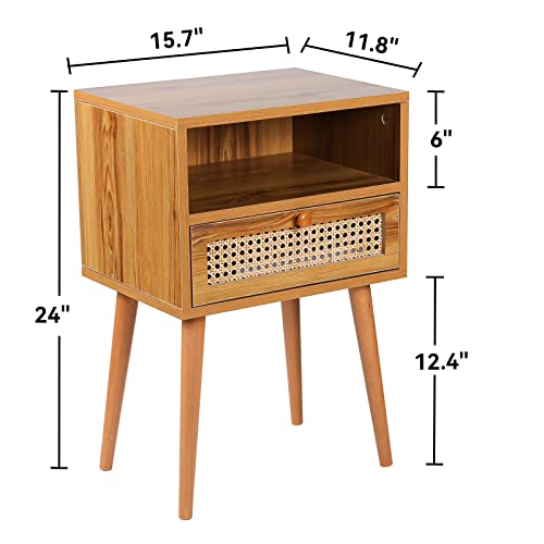 Rattan Nightstand Bedside Tables, Modern Wood Side Table Small End Table For Bedroom Living Room With Long Solid Wood Legs Drawer And Open Shelf #TOP2