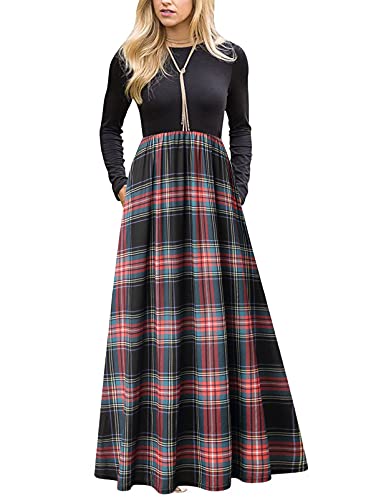 MEROKEETY Women's Plaid Long Sleeve Empire Waist Full Length Maxi Dress,  Black Green, Small at Amazon Women's Clothing store
