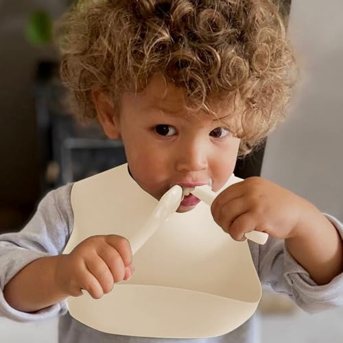 Meleni Baby 3'lü Silikon Beslenme Seti - Silikon Mama Önlüğü Diş Kaşıyıcılı Kaşık Vakum Tabanlı Tabak Krem - Görsel 5