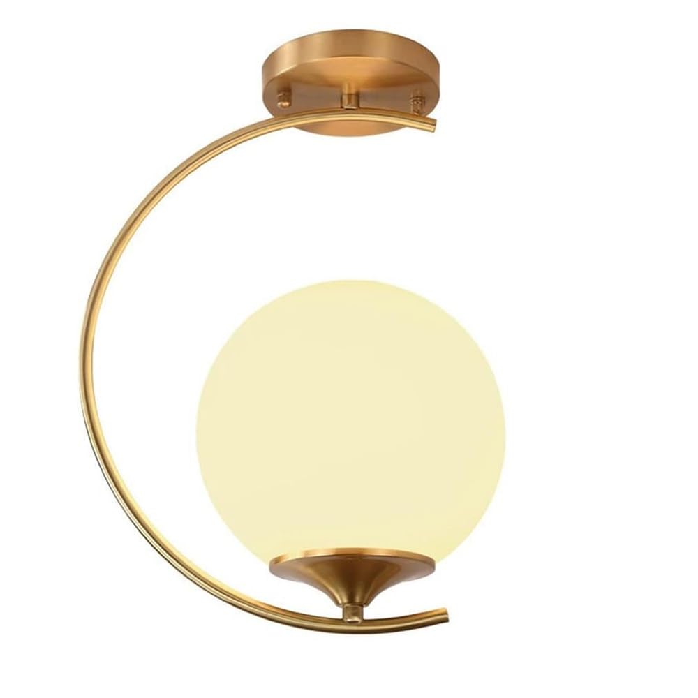 ITOSUI Mid Century Modern Semi Flush Mount Ceiling Light Gold C-Shape Metal Fixture with 7.9-Inch White Globe Glass Shade Brass Lamp for Hallway Entryway Bedroom Study E26 Base