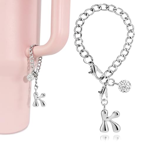 LUHOHI Silver Bubble Letter Charms for Stanley Cup Accessories - Designer Aesthetic Initial Cute Pendant for Water Bottle Tumblers Hydrojug Handle Preppy Jewelry Bracelets Personalized Keychain K