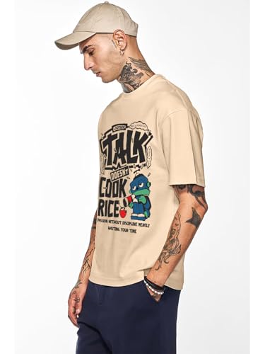 Image of LEOTUDE Half Sleeve Oversized Tshirt for Men, Round Neck Cottonblend Drop Shoulder Printed T-Shirt (Black Color)