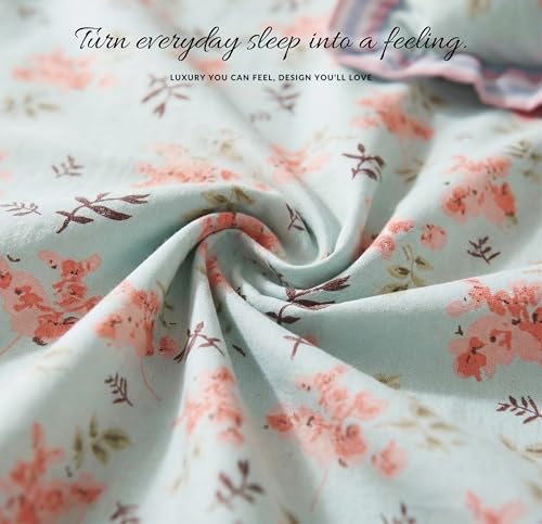 Image of HOMEKART 280 TC King Size Cotton 4pc AC Comforter Set: Soft Frill Quilt, Bedding Set Flat Sheet & 2 Frill Pillow Covers (Sky Blue and Peach Floral)
