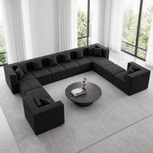 Image of MONVANE 185 inch U-Shaped 12 Seat Modular Sectional Cloud Couch, Jet Black | Sectional Couches for Living Room, High Supportive Backrests, Movable Ottomans, Deep Seat, No Assembly Required