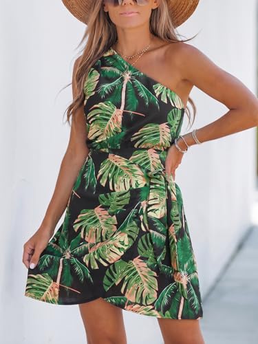 Image of CUPSHE Women's One Shoulder Leaf Print Self-tie Short Dress Sleeveless Tiered Hem Formal Dress Casual Mini Dress