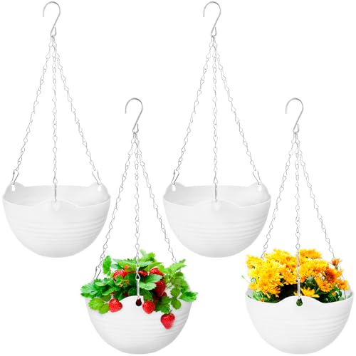 Bvrbaory 4 Pack 8 inch White Hanging Planters,Self-Watering Indoor Outdoor Plant Pots,Round Hanging...