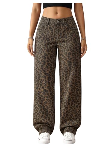 WDIRARA Women's Leopard Baggy Jeans Streetwear Low Waisted Wide Leg Denim Pants with Pockets Brown Small