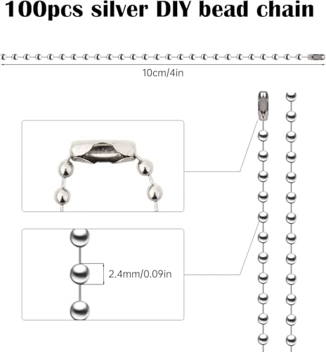 100 Stück Kugelkette Metall Hängekette Silber Edelstahl Kugelkette Perlen Rollenkette mit Verbindern Metallkugelkette 2,4 mm Charms Craft Ball Bead für Bastelprojekte Tags Valentines Day Decorations