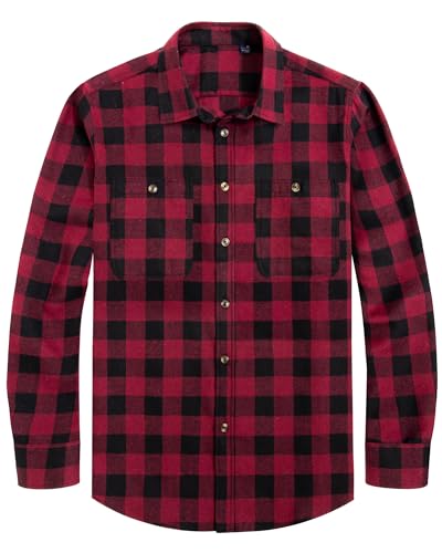 Image of J.VER Flannel Shirt Men Lumberjack Check Long Sleeve Button Down Cotton Winter Work Warm Plaid Casual Shirts with Pocket Burgundy L