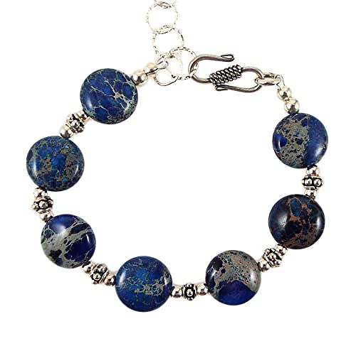 Jenni Leigh Creations Handmade Blue Impression Jasper Gemstone Bracelet with Sterling Silver One Size Fits All