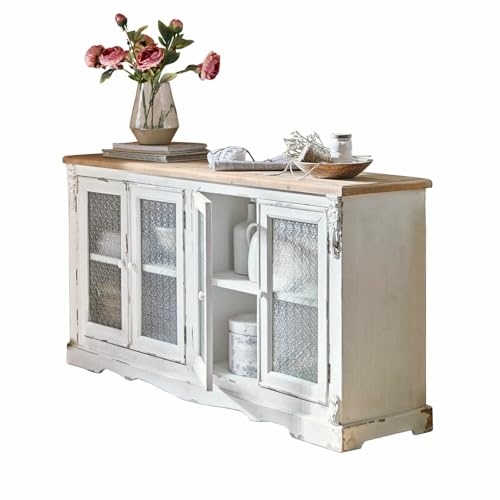 Loberon Commode Herserange, décorations en bois complexes, style shabby chic, portes avec gaufrage floral, commode, bois de sapin, verre, blanc antique/marron