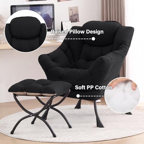 Image of Tiita Lazy Chair with Ottoman, Black Modern Large Accent Chair, Comfy Leisure Sofa Armchair with Ottoman, Reading Chair with Footrest for Bedroom, Living Room, Dorm Rooms, Black