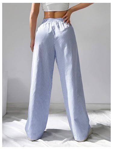 Floerns Women's Striped Elastic Waist Pants Straight Leg Casual Trousers with Pocket3