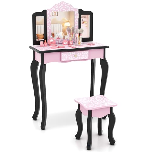 HONEY JOY Kids Vanity, Toddler Vanity Set with Tri-Folding Mirror and Stool, Children Makeup Vanity Dressing Table for Little Girls, Pretend Play Kids Vanity Table and Chair Set (Pink Leopard Print)