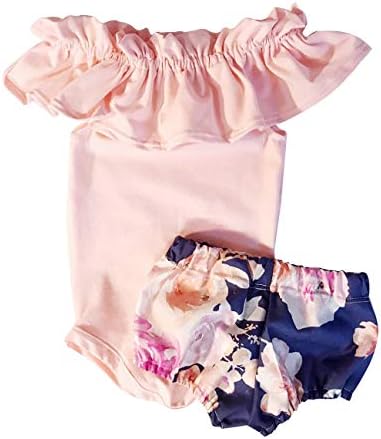 Newborn Baby Girl Jumpsuit Bodysuit Pink Sleeveless Ruffles Off-Shoulder Romper +Floral Shorts Summer Outfit Set
