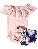 WALSONER Newborn Baby Girl Outfits Clothes Jumpsuit Pink Sleeveless Ruffles Off-Shoulder Romper +Floral Shorts Outfit 2Pcs Set 6-9 Months