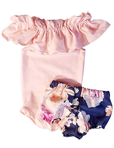 WALSONER Newborn Baby Girl Outfits Clothes Jumpsuit Pink Sleeveless Ruffles Off-Shoulder Romper +Floral Shorts Outfit 2Pcs Set 6-9 Months