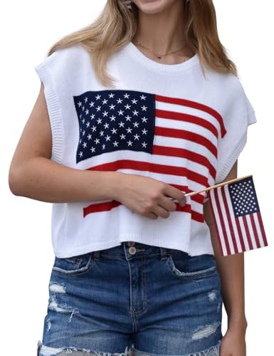 Image of Womens American Flag Sweater Cap Sleeve Summer Crop Tops Crew Neck Loose Fit Knit Sweater Pullover Top