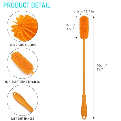 Image of 15.7 inch Silicone Bottle Brush, ddLUCK Water Bottle Cleaner Brush for Stanley, Hydroflasks, Glass, Thermos Sports Bottle, Vase and Glassware, Bottle Brush Cleaner for Narrow Neck Containers (Orange)