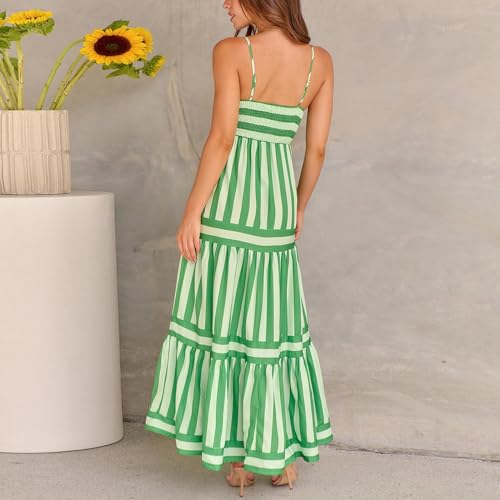Image of Yuemengxuan Boho Maxi Dresses for Women Spaghetti Strap Flowy Smocked Long Dress Casual Summer Vacation Beach Maxi Dress