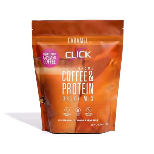 Click Coffee Protein Powder | Double Shot Espresso | 16g Protein | 23 Essential Vitamins | Low Calorie Meal Replacement | 150mg Caffeine | Gluten Free | No Artificial Flavors or Colors | Caramel