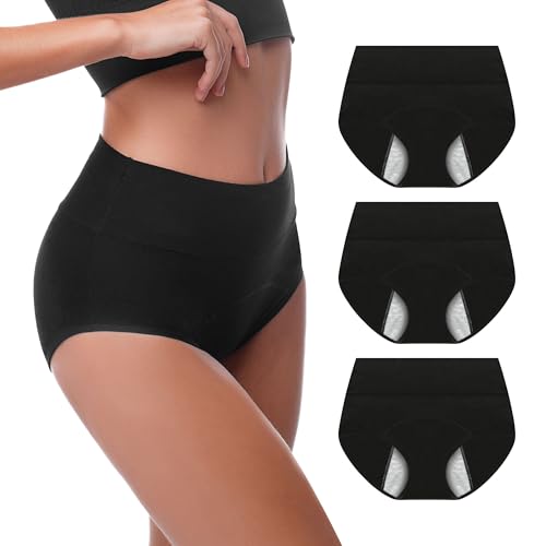 Walifrey Period Underwear for Women, High Waisted Panties Leakproof Postpartum Cotton Briefs 3 Pack Black M