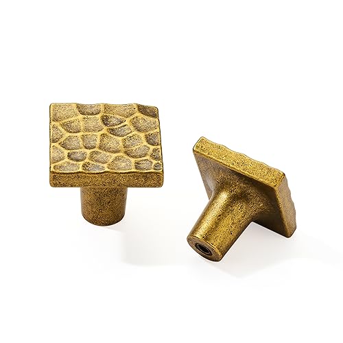 CABDM Hammered Cabinet Knobs 2 Pack Antique Brass Cabinet Knobs Rustic Square Knobs, Handles for Kitchen Cabinet Doors, Dresser Drawers, Bathroom Vanity, Nightstands & Closets