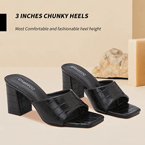 CAMSSOO Women's Square Open Toe Heeled Mules Flip Flops Chunky Heels Slip On Sandals Block High Heel Fashion Wedding Dress Shoes3