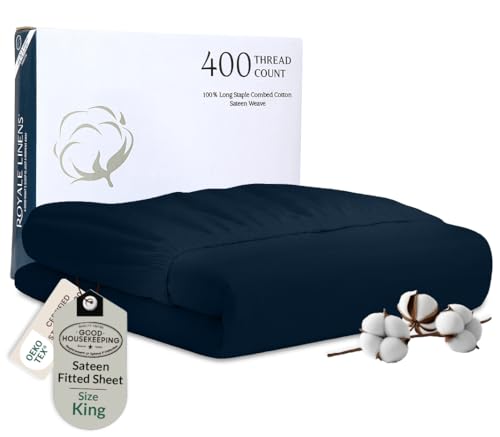 Image of Royale Linens 400 Thread Count King Size Fitted Sheets Only - 100% Cotton Fitted King Sheet Only - Luxury Sateen Weave - All Around Elastic Deep Pocket - Durable Bottom Sheets - Fit Up to 16 inch (Navy)