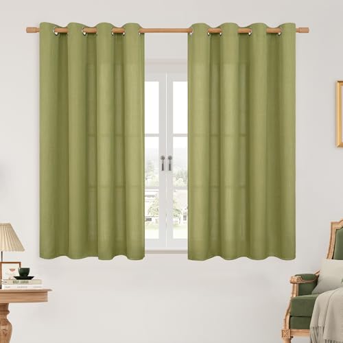 Image of LAMIT Moss Green Linen Curtains 45 inch for Small Windows, Light Filtering Panels, Grommet Privacy Protected Sheer Curtains for Bedroom /Kitchen, Set of 2 Panels, 52 x 45 Inch