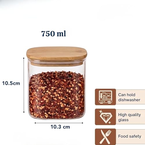 Image of Airtight Square Glass Storage Jar with Bamboo Lid, 750ml Multipurpose Kitchen Container for Coffee, Tea, Sugar, Masala, Spices & Dry Fruits | Modern Transparent Pantry Organizer (Pack of 2)