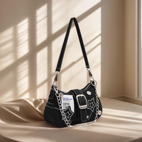 Image of Grunge Shoulder Bag Fairy Grunge Hobo Bag Denim Chain Y2K Purses Crossbody Bag for Women